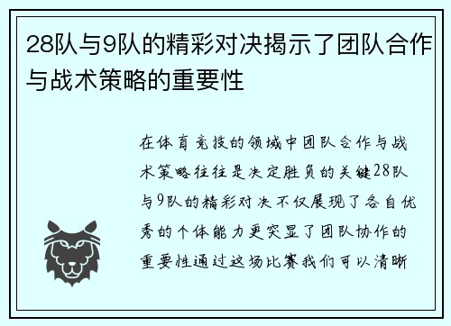 28队与9队的精彩对决揭示了团队合作与战术策略的重要性